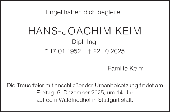 Traueranzeige von Hans-Joachim Keim von Stuttgarter Zeitung / Stuttgarter Nachrichten