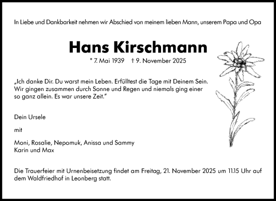 Traueranzeige von Hans Kirschmann von Leonberger Kreiszeitung / Strohgäu Extra