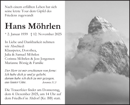 Traueranzeige von Hans Möhrlen von Kreiszeitung Böblinger Bote