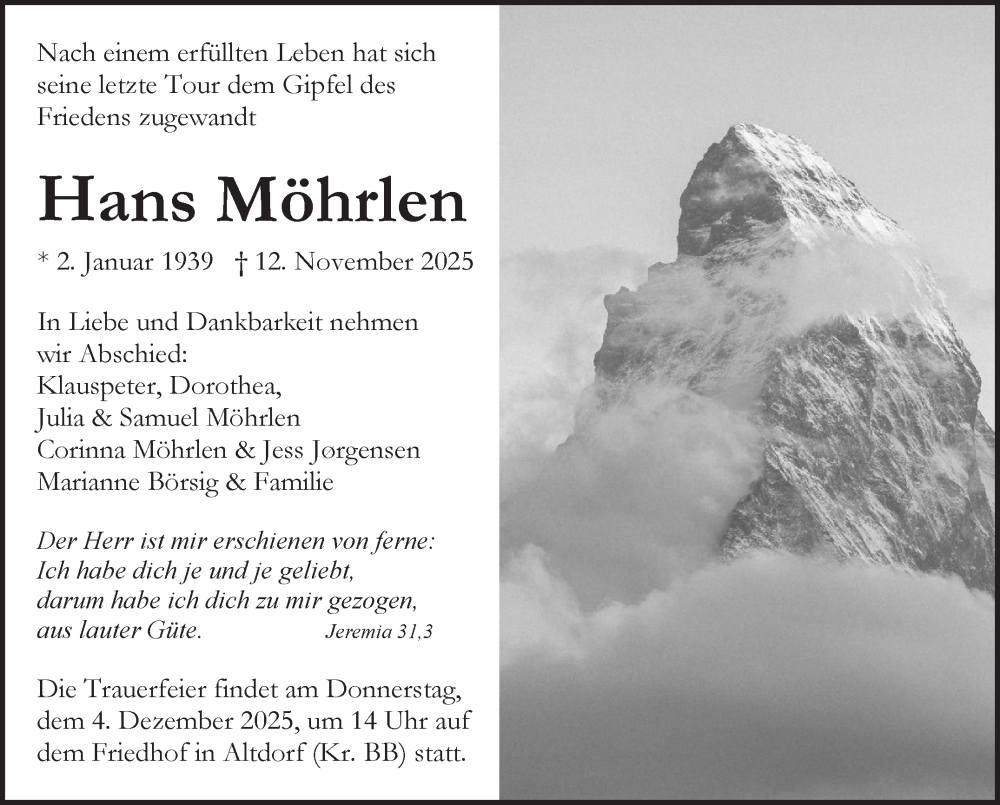  Traueranzeige für Hans Möhrlen vom 29.11.2025 aus Kreiszeitung Böblinger Bote