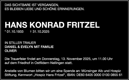 Traueranzeige von Hans Konrad Fritzel von Stuttgarter Zeitung / Stuttgarter Nachrichten