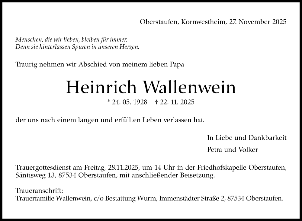  Traueranzeige für Heinrich Wallenwein vom 27.11.2025 aus Marbacher Zeitung