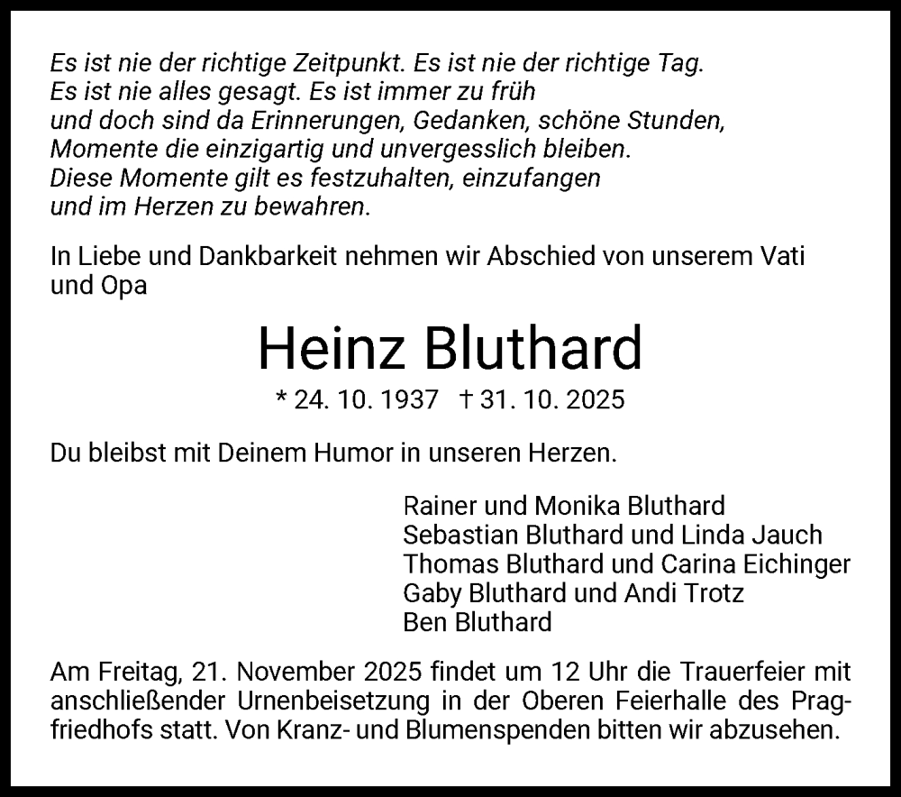  Traueranzeige für Heinz Bluthard vom 08.11.2025 aus Stuttgarter Zeitung / Stuttgarter Nachrichten