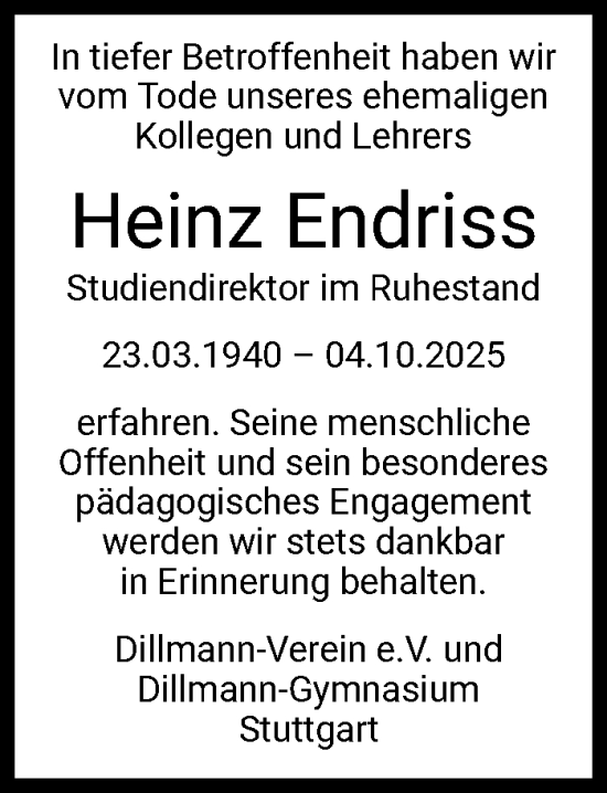 Traueranzeige von Heinz Endriss von Stuttgarter Zeitung / Stuttgarter Nachrichten