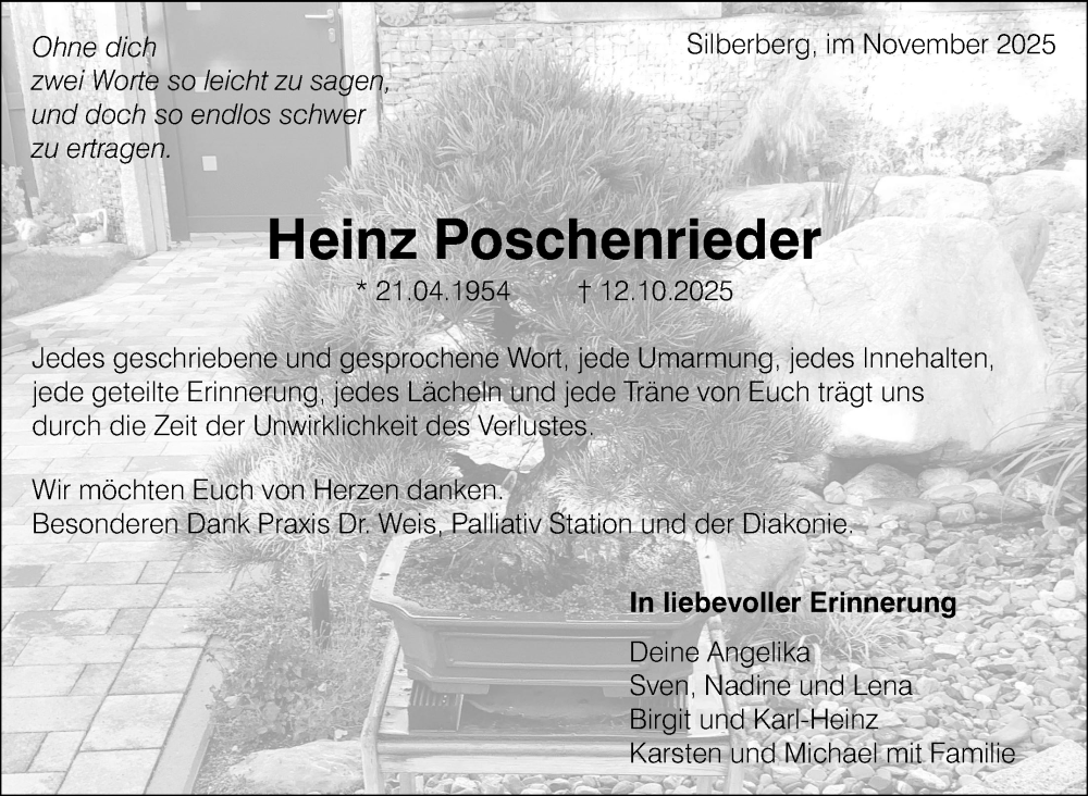  Traueranzeige für Heinz Poschenrieder vom 20.11.2025 aus Leonberger Kreiszeitung / Strohgäu Extra