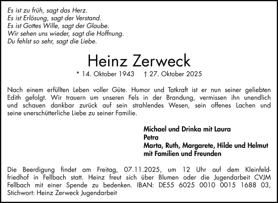 Traueranzeige von Heinz Zerweck von Stuttgarter Zeitung / Stuttgarter Nachrichten
