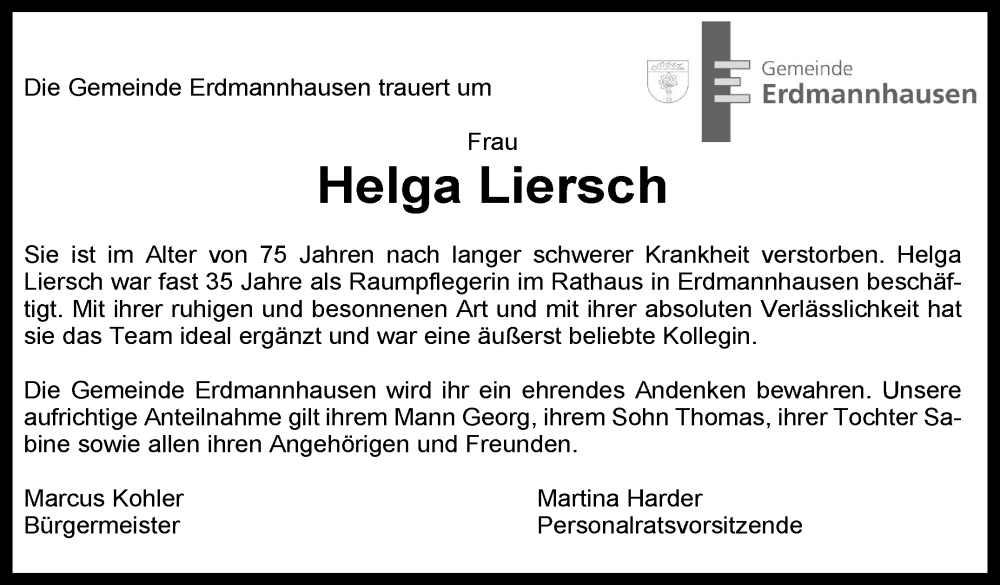  Traueranzeige für Helga Liersch vom 13.11.2025 aus Marbacher Zeitung