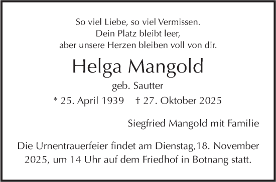 Traueranzeige von Helga Mangold von Stuttgarter Zeitung / Stuttgarter Nachrichten