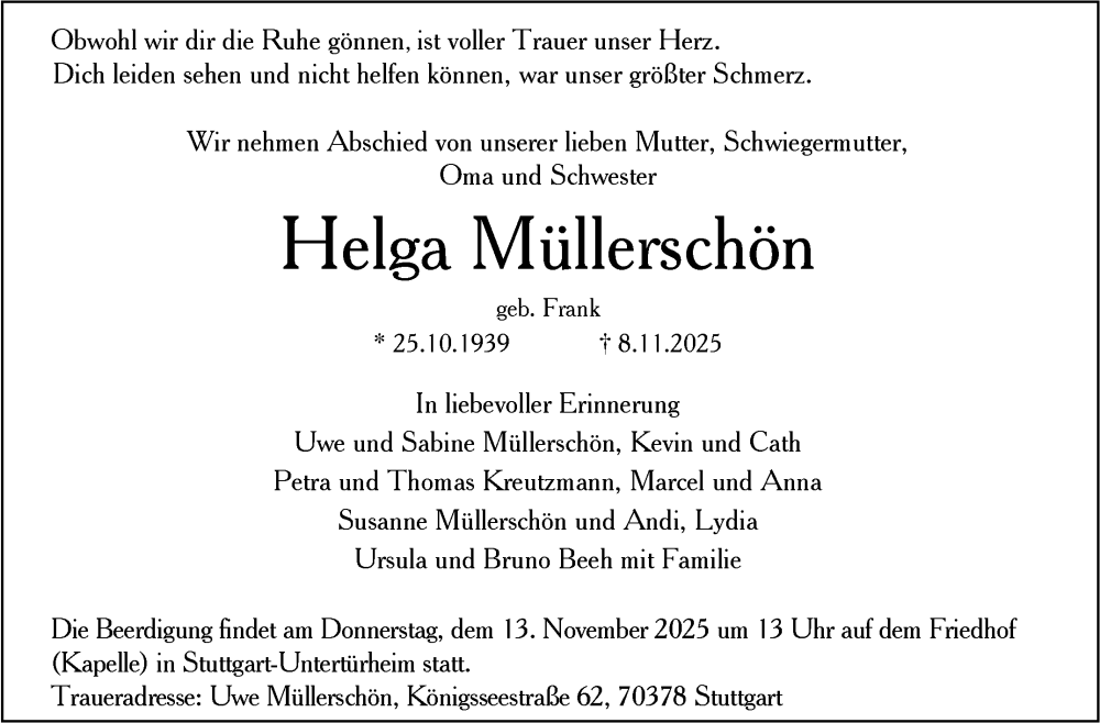  Traueranzeige für Helga Müllerschön vom 13.11.2025 aus Stuttgarter Zeitung / Stuttgarter Nachrichten