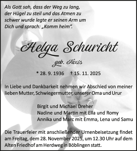 Traueranzeige von Helga Schuricht von Kreiszeitung Böblinger Bote