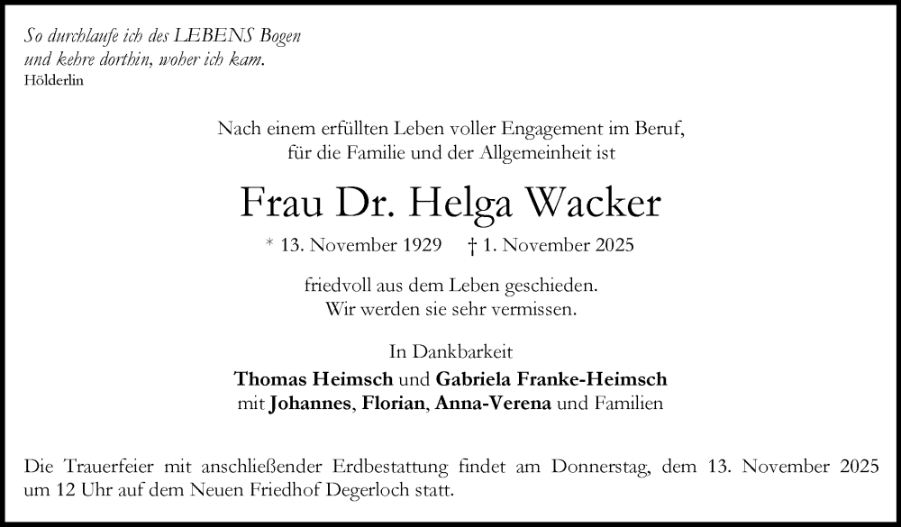  Traueranzeige für Helga Wacker vom 08.11.2025 aus Stuttgarter Zeitung / Stuttgarter Nachrichten