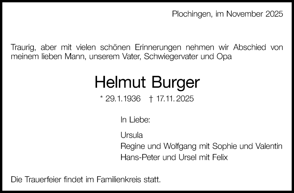  Traueranzeige für Helmut Burger vom 22.11.2025 aus Eßlinger Zeitung