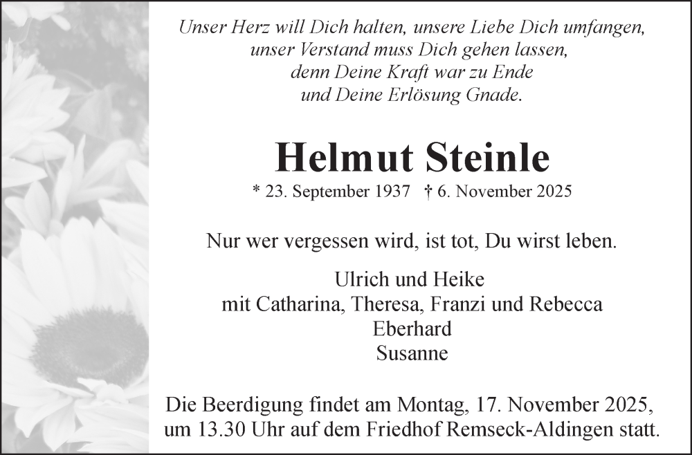  Traueranzeige für Helmut Steinle vom 13.11.2025 aus Stuttgarter Zeitung / Stuttgarter Nachrichten