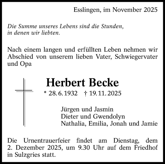 Traueranzeige von Herbert Becke von Eßlinger Zeitung