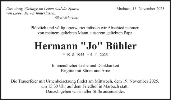 Traueranzeige von Hermann Bühler von Marbacher Zeitung