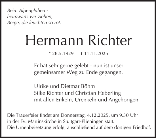 Traueranzeige von Hermann Richter von Stuttgarter Zeitung / Stuttgarter Nachrichten