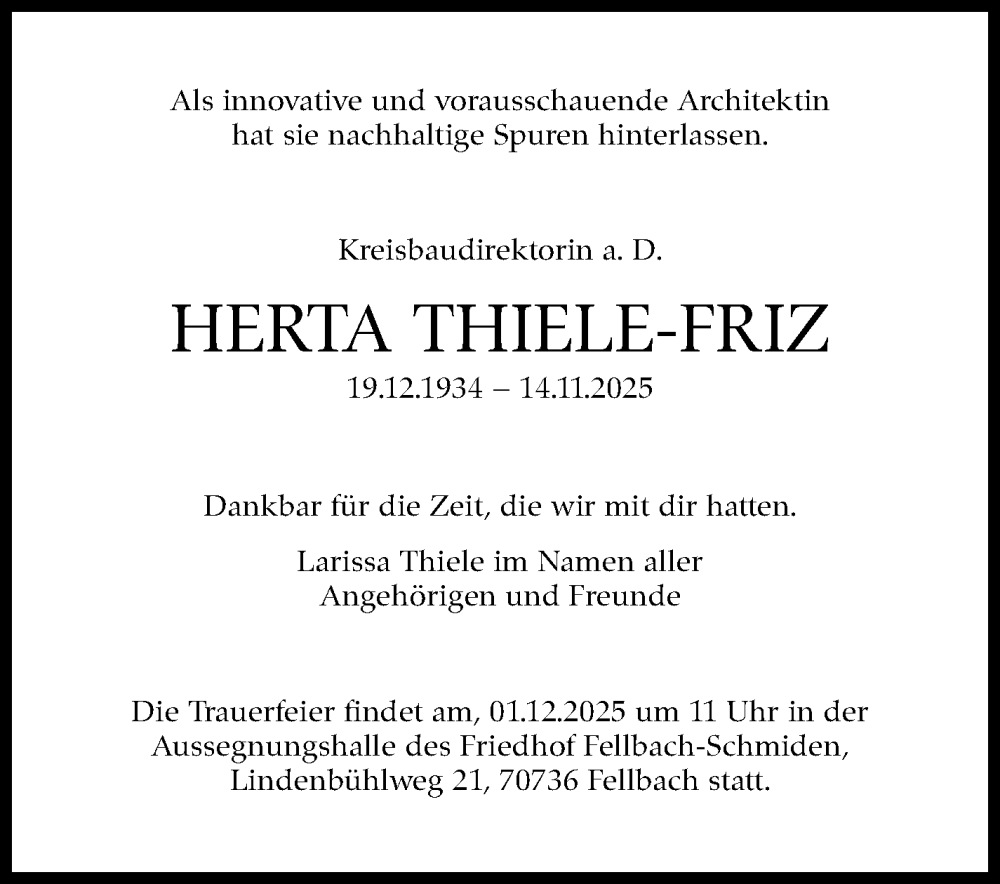  Traueranzeige für Herta Thiele-Friz vom 22.11.2025 aus Stuttgarter Zeitung / Stuttgarter Nachrichten