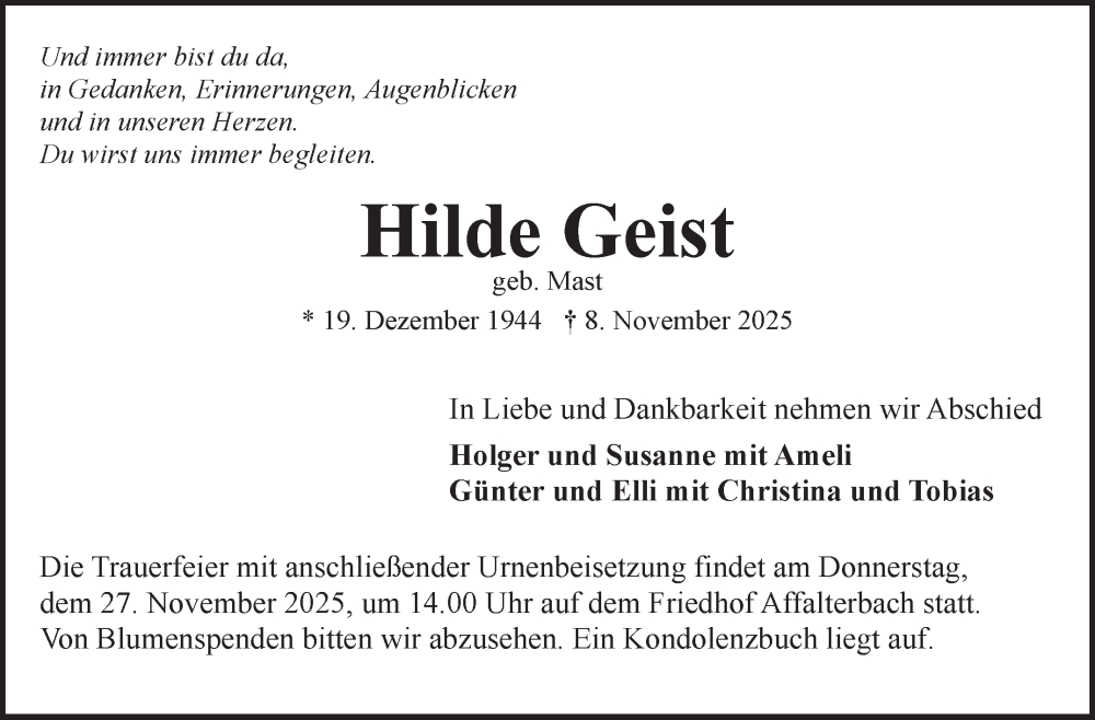  Traueranzeige für Hilde Geist vom 21.11.2025 aus Marbacher Zeitung