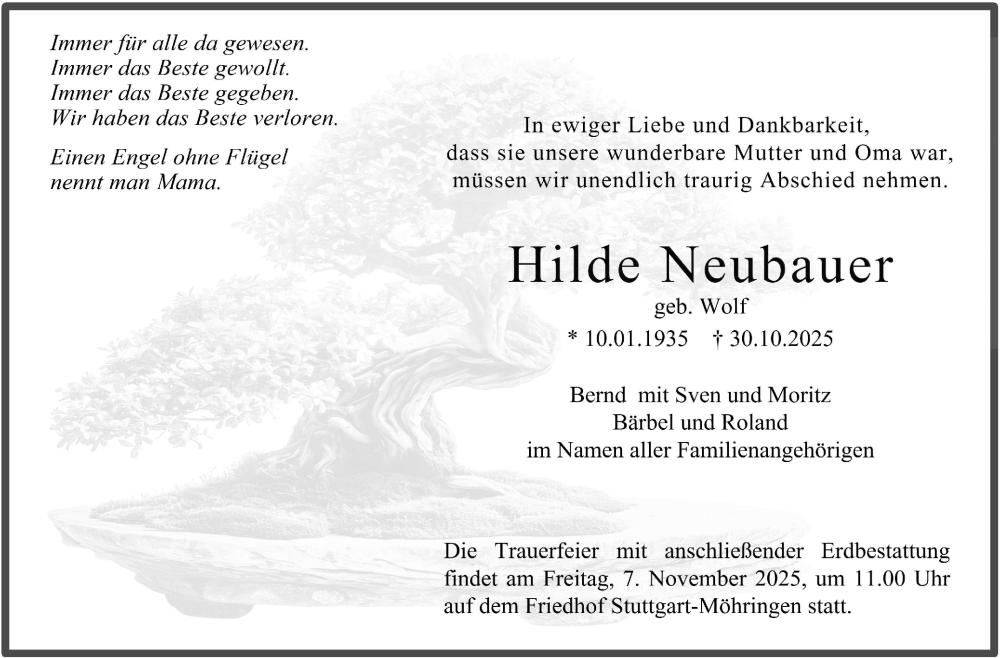  Traueranzeige für Hilde Neubauer vom 04.11.2025 aus Stuttgarter Zeitung / Stuttgarter Nachrichten