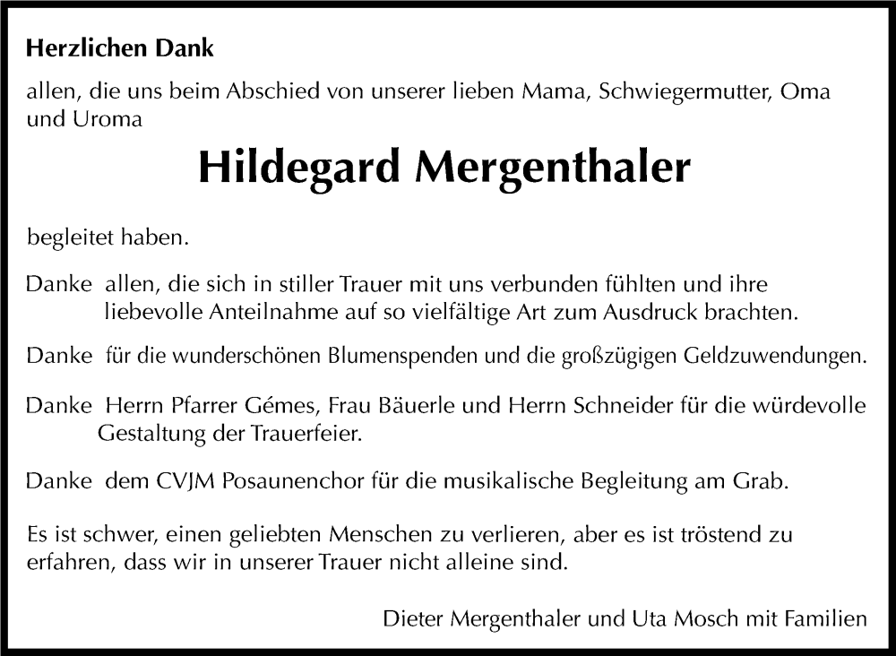  Traueranzeige für Hildegard Mergenthaler vom 28.11.2025 aus Stuttgarter Zeitung / Stuttgarter Nachrichten