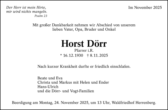 Traueranzeige von Horst Dörr von Stuttgarter Zeitung / Stuttgarter Nachrichten