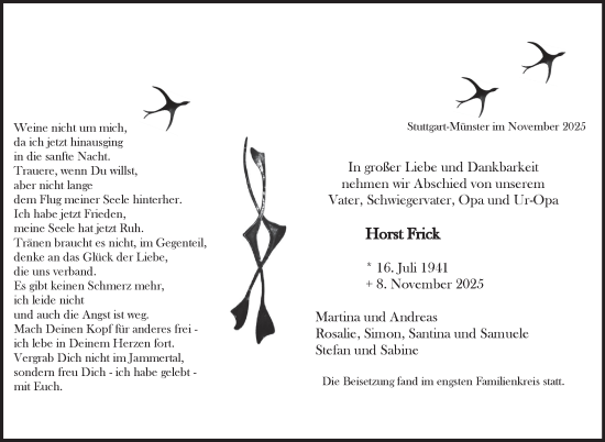 Traueranzeige von Horst Frick von Stuttgarter Zeitung / Stuttgarter Nachrichten