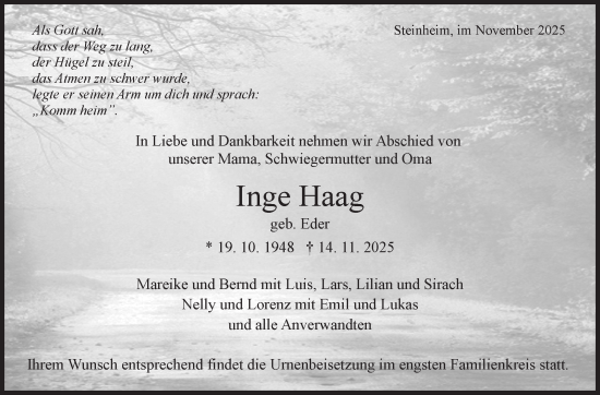 Traueranzeige von Inge Haag von Marbacher Zeitung