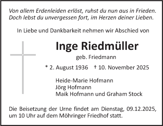 Traueranzeige von Inge Riedmüller von Stuttgarter Zeitung / Stuttgarter Nachrichten