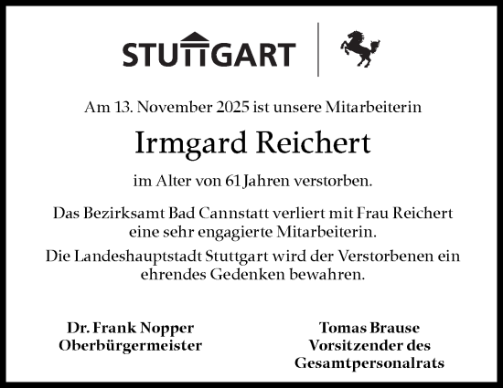 Traueranzeige von Irmgard Reichert von Stuttgarter Zeitung / Stuttgarter Nachrichten
