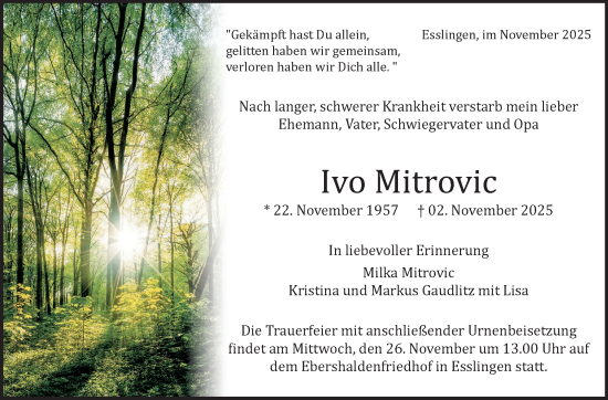 Traueranzeige von Ivo Mitrovic von Eßlinger Zeitung