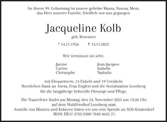 Traueranzeige von Jacqueline Kolb von Leonberger Kreiszeitung / Strohgäu Extra