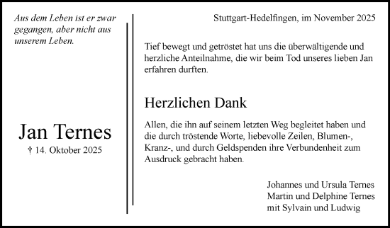 Traueranzeige von Jan Ternes von Stuttgarter Zeitung / Stuttgarter Nachrichten