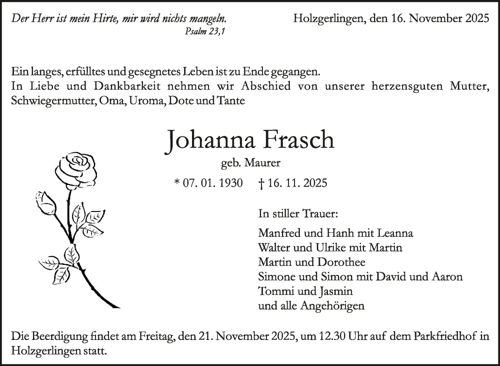  Traueranzeige für Johanna Frasch vom 19.11.2025 aus Kreiszeitung Böblinger Bote