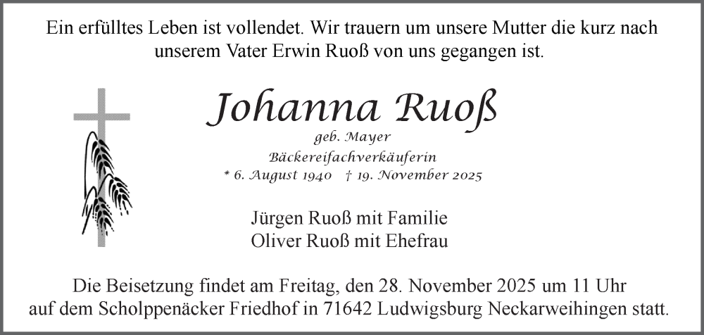  Traueranzeige für Johanna Ruoß vom 25.11.2025 aus Stuttgarter Zeitung / Stuttgarter Nachrichten
