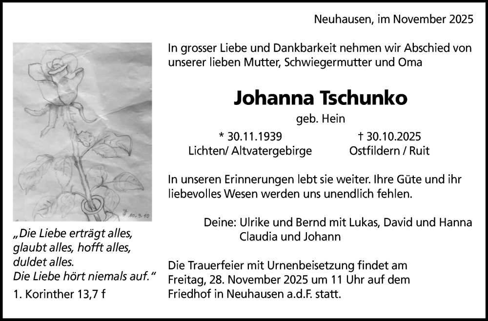  Traueranzeige für Johanna Tschunko vom 15.11.2025 aus Eßlinger Zeitung