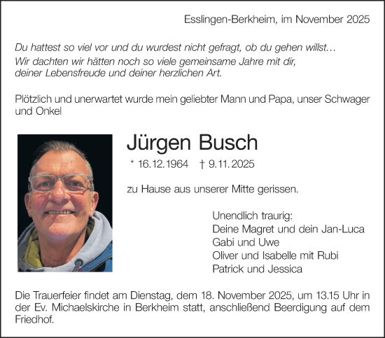Traueranzeige von Jürgen Busch von Eßlinger Zeitung
