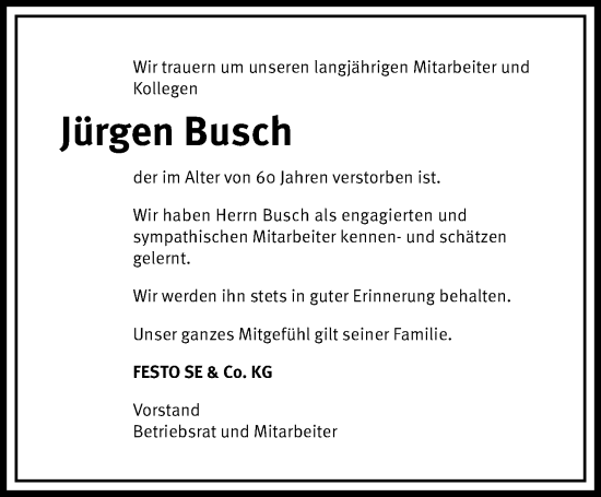 Traueranzeige von Jürgen Busch von Eßlinger Zeitung