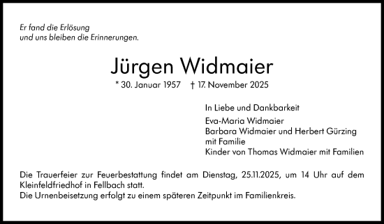 Traueranzeige von Jürgen Widmaier von Stuttgarter Zeitung / Stuttgarter Nachrichten