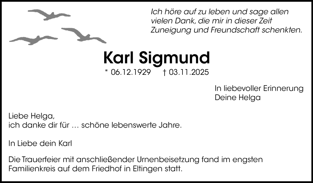  Traueranzeige für Karl Sigmund vom 28.11.2025 aus Leonberger Kreiszeitung / Strohgäu Extra