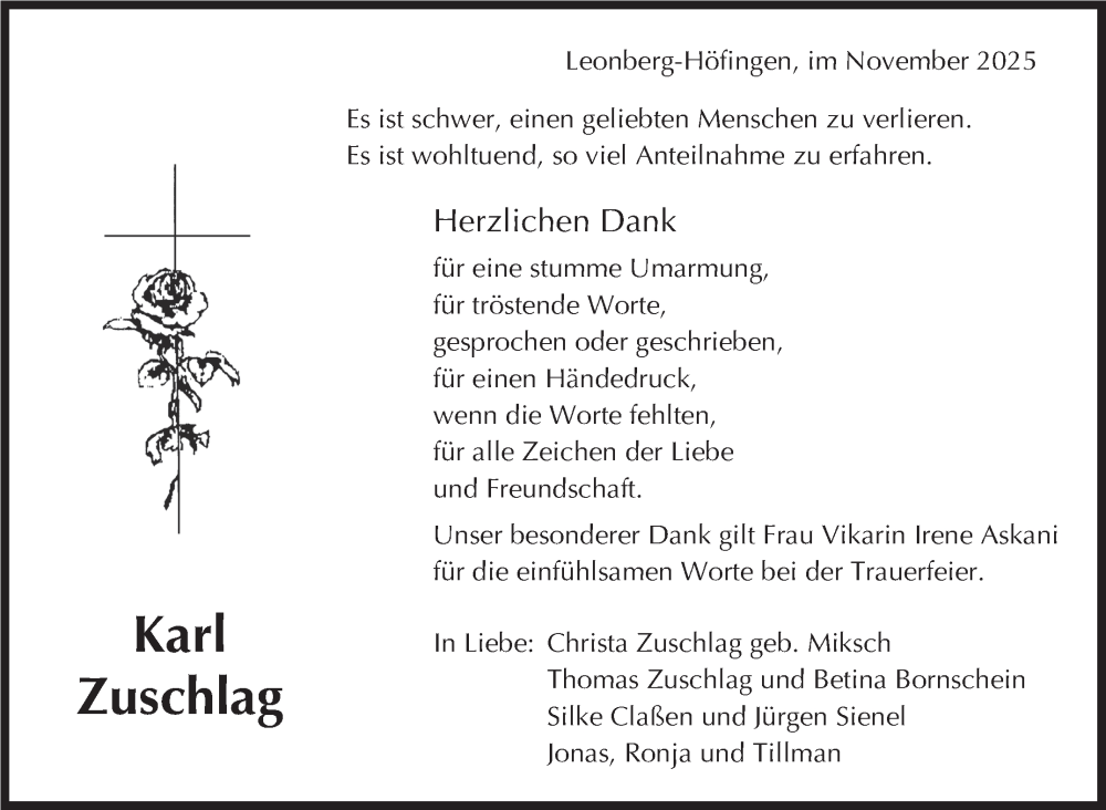  Traueranzeige für Karl Zuschlag vom 07.11.2025 aus Leonberger Kreiszeitung / Strohgäu Extra