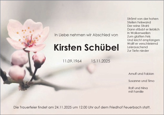 Traueranzeige von Kirsten Schübel von Stuttgarter Zeitung / Stuttgarter Nachrichten