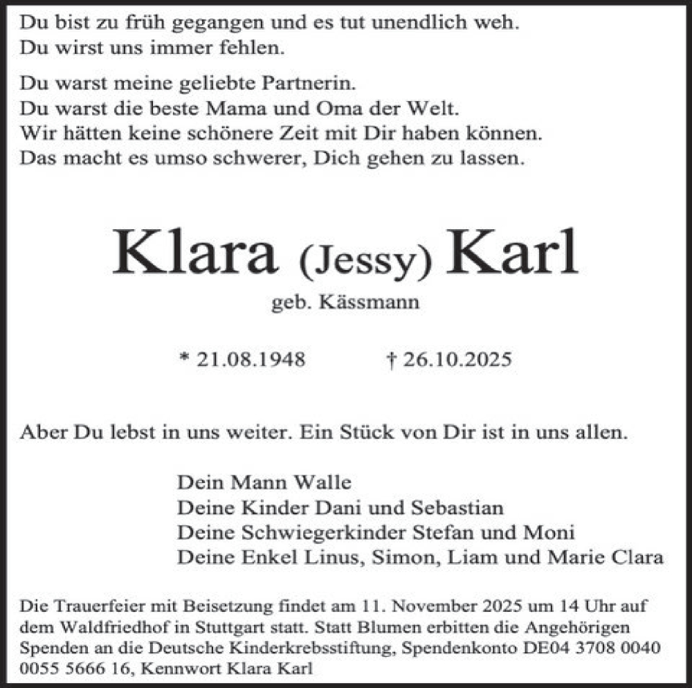  Traueranzeige für Klara Karl vom 08.11.2025 aus Stuttgarter Zeitung / Stuttgarter Nachrichten