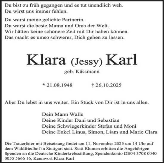 Traueranzeige von Klara Karl von Stuttgarter Zeitung / Stuttgarter Nachrichten