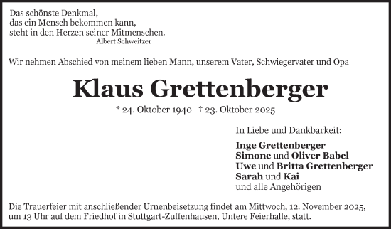 Traueranzeige von Klaus Grettenberger von Stuttgarter Zeitung / Stuttgarter Nachrichten