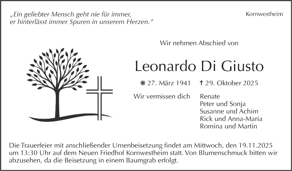  Traueranzeige für Leonardo Di Giusto vom 14.11.2025 aus Marbacher Zeitung