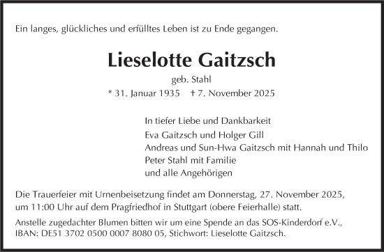 Traueranzeige von Lieselotte Gaitzsch von Stuttgarter Zeitung / Stuttgarter Nachrichten