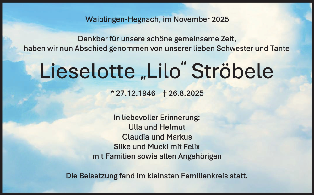  Traueranzeige für Lieselotte Ströbele vom 20.11.2025 aus Stuttgarter Zeitung / Stuttgarter Nachrichten