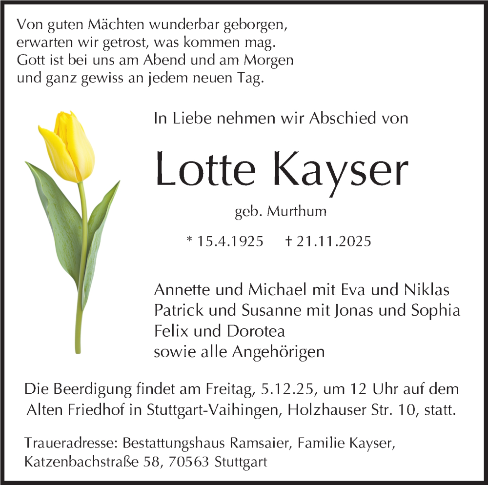  Traueranzeige für Lotte Kayser vom 29.11.2025 aus Stuttgarter Zeitung / Stuttgarter Nachrichten