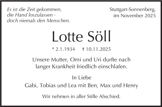 Traueranzeige von Lotte Söll von Stuttgarter Zeitung / Stuttgarter Nachrichten