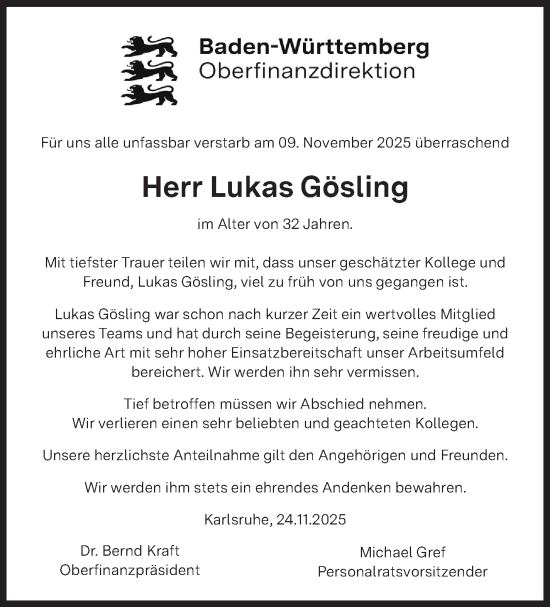 Traueranzeige von Lukas Gösling von Stuttgarter Zeitung / Stuttgarter Nachrichten